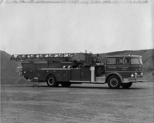 Maiden portrait of the 1967 LaFrance/International 100’ Aerial taken near the LaFrance plant in Toronto prior to delivery to Windsor