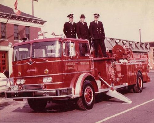 The shiny new LaFrance/International and the truck it replaced – a 1936 LaFrance aerial