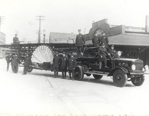 Truck Two shortly after locally-made 1916 Menard motor tractor replaced the horses under 1910 Seagrave 85’ aerial