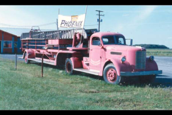 Faded and stripped of equipment, the old Pirsch ended its days as a billboard for Phoenix Fire Apparatus in Drummondville, Quebec