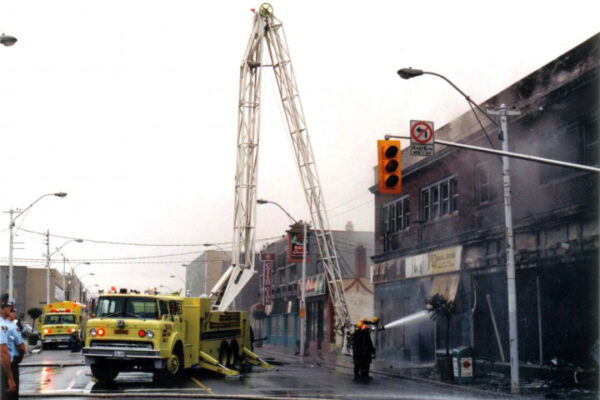 In action at three-alarm fire, Sandwich and Mills Streets