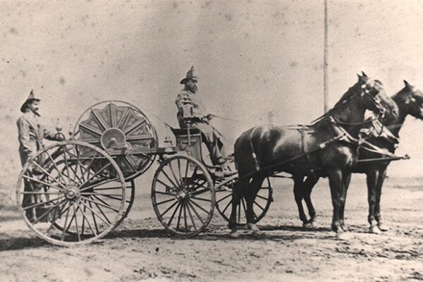 Four-wheel hose reel with two-horse hitch, 1880