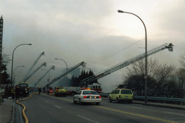All five Sutphens in action at Holiday Inn fire, April 8, 1999