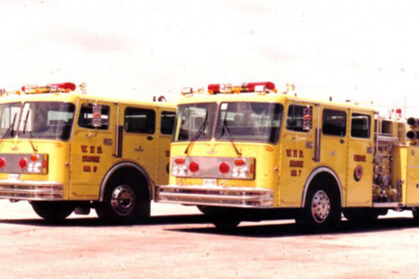 Ready for service: Engines 7 and 9 -- the new 1982 Pierreville/Spartans - at W.F.D. Shops